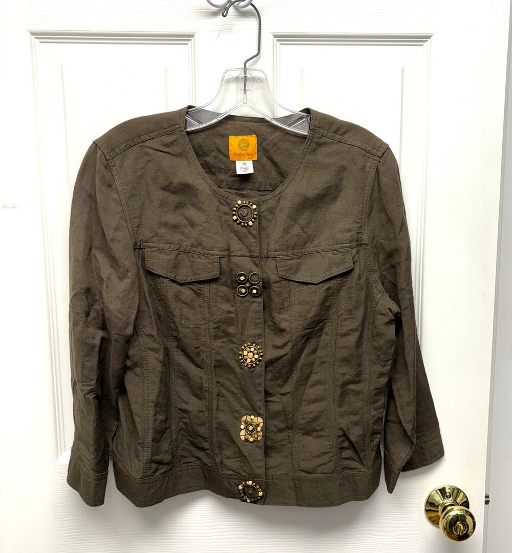 Ruby Rd Jacket, Brown Linen Blend Shirt Lightweight, Bead Snaps, Size 10 Layer